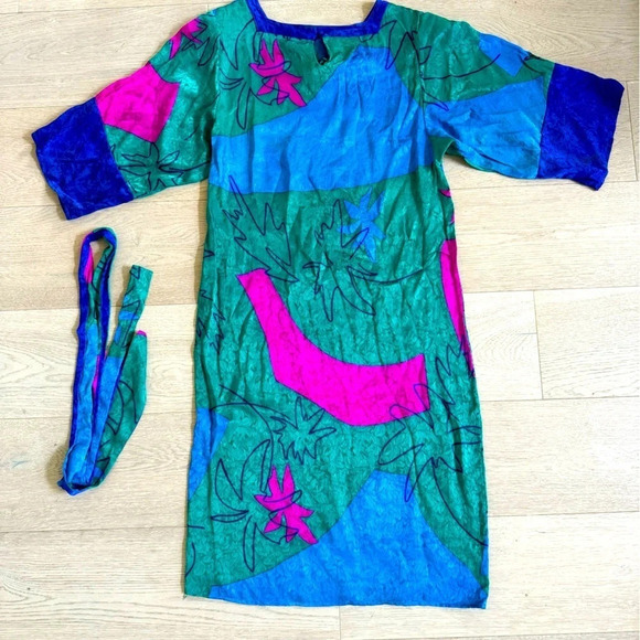 Flora Kung vibrant vivid 80’s/90’s vintage 100% silk dress with tie wrap size S - Picture 6 of 6